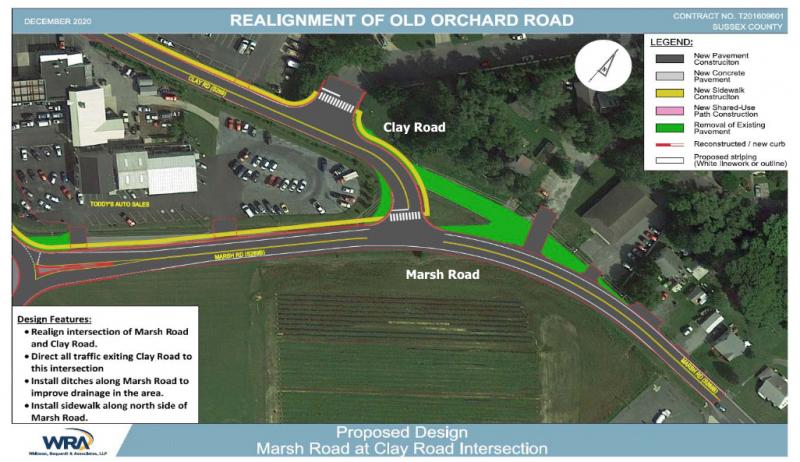 Part of Clay Road will be abandoned (in green) to create a new intersection at Marsh Road. DELDOT GRAPHIC